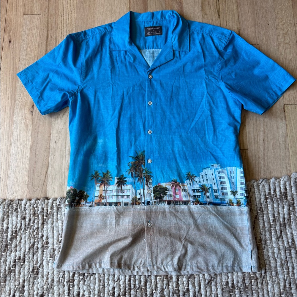 Primark Blue and Tan Casual Shirt with Beach Scene